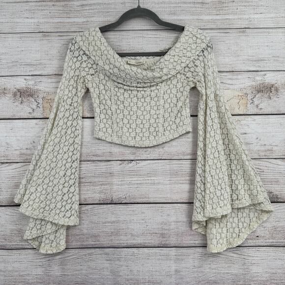 By Together Sweater Womens Small Lace Bell Sleeve Boho Cropped Romantic Top - Picture 1 of 8